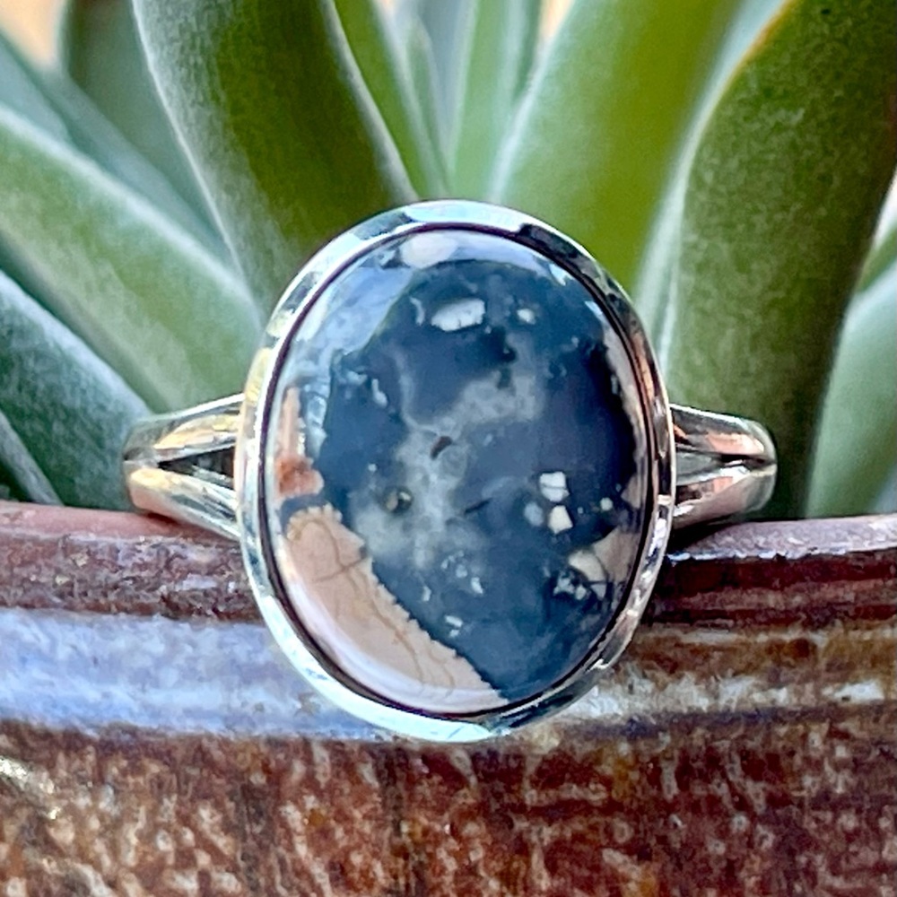 Sterling Silver Ocean Jasper Oval Ring in Blue and Cream